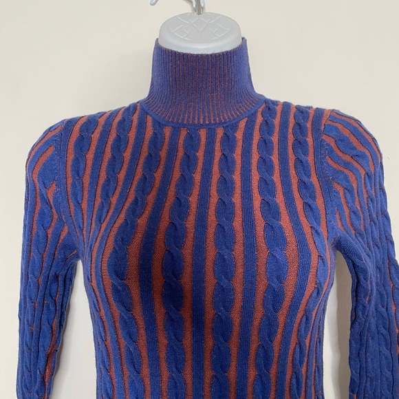 NWT L’AGENCE Women’s Ciela Midi Cable Knit Sweater Turtle Neck Blue Rust Size XS - Picture 5 of 9